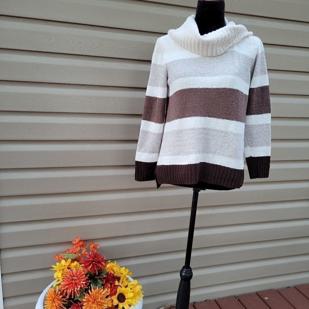 Style & Company Ladies Multi Color Browns Striped Cowl Neck Sweater, sz Small
